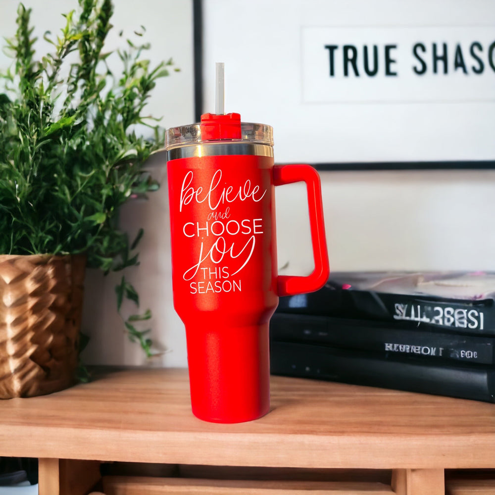 Believe Joy 40oz Insulated Tumbler With Handle Lid Straw Holiday Travel Mug BandsCo Straps