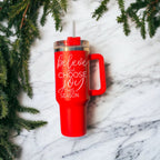 Believe Joy 40oz Insulated Tumbler With Handle Lid Straw Holiday Travel Mug BandsCo Straps