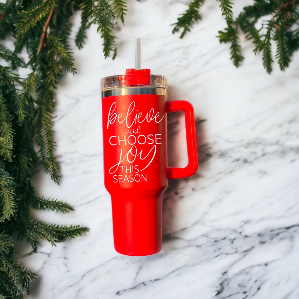 Believe Joy 40oz Insulated Tumbler With Handle Lid Straw Holiday Travel Mug BandsCo Straps