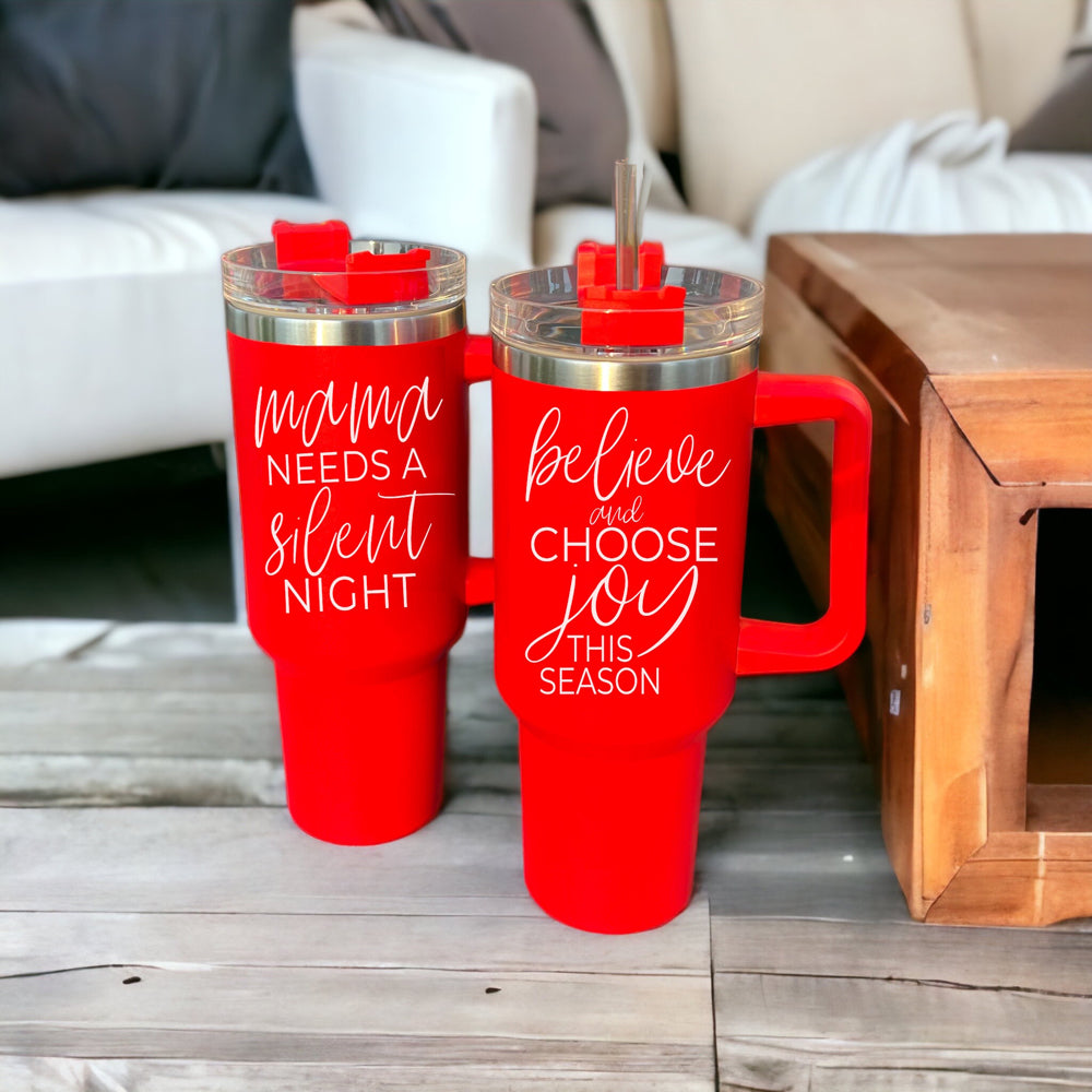 Believe Joy 40oz Insulated Tumbler With Handle Lid Straw Holiday Travel Mug BandsCo Straps