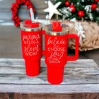 Believe Joy 40oz Insulated Tumbler With Handle Lid Straw Holiday Travel Mug BandsCo Straps