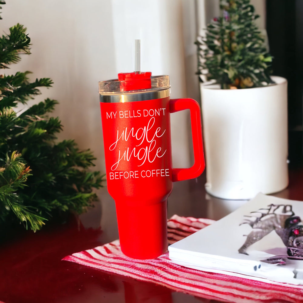 40oz Insulated Coffee Mug With Handle Lid Straw Funny Holiday Jingle Quote BandsCo Straps