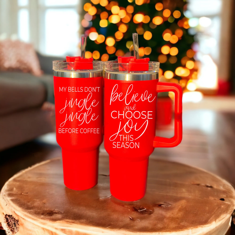 Believe Joy 40oz Insulated Tumbler With Handle Lid Straw Holiday Travel Mug BandsCo Straps