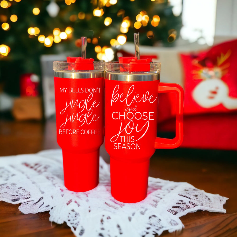Believe Joy 40oz Insulated Tumbler With Handle Lid Straw Holiday Travel Mug BandsCo Straps