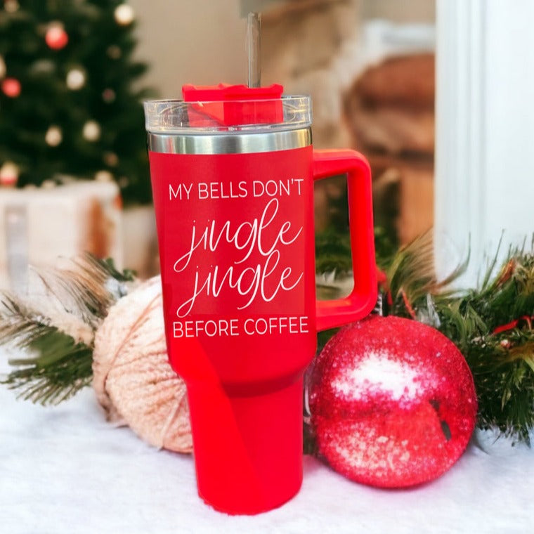 40oz Insulated Coffee Mug With Handle Lid Straw Funny Holiday Jingle Quote BandsCo Straps