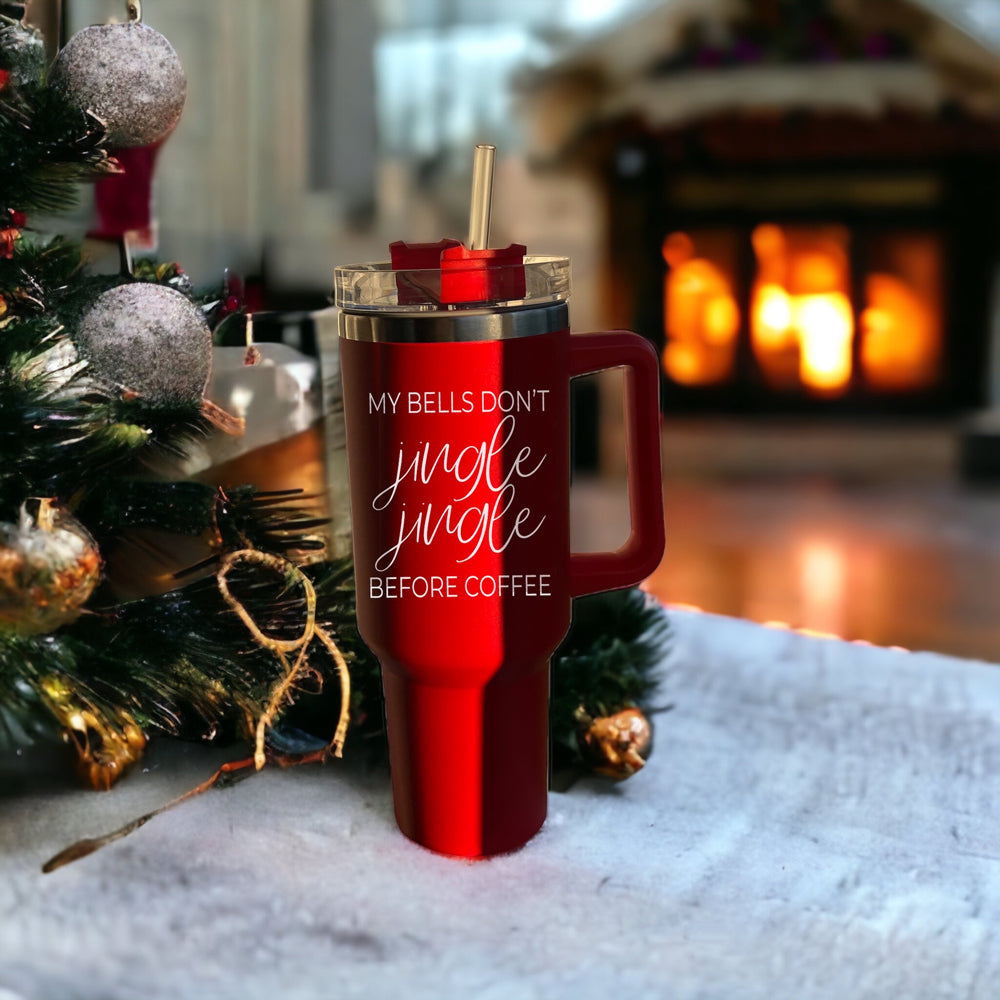 40oz Insulated Coffee Mug With Handle Lid Straw Funny Holiday Jingle Quote BandsCo Straps