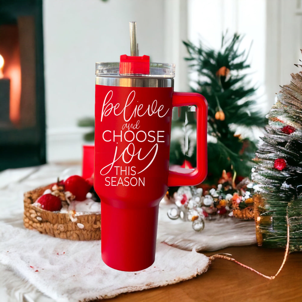 Believe Joy 40oz Insulated Tumbler With Handle Lid Straw Holiday Travel Mug BandsCo Straps