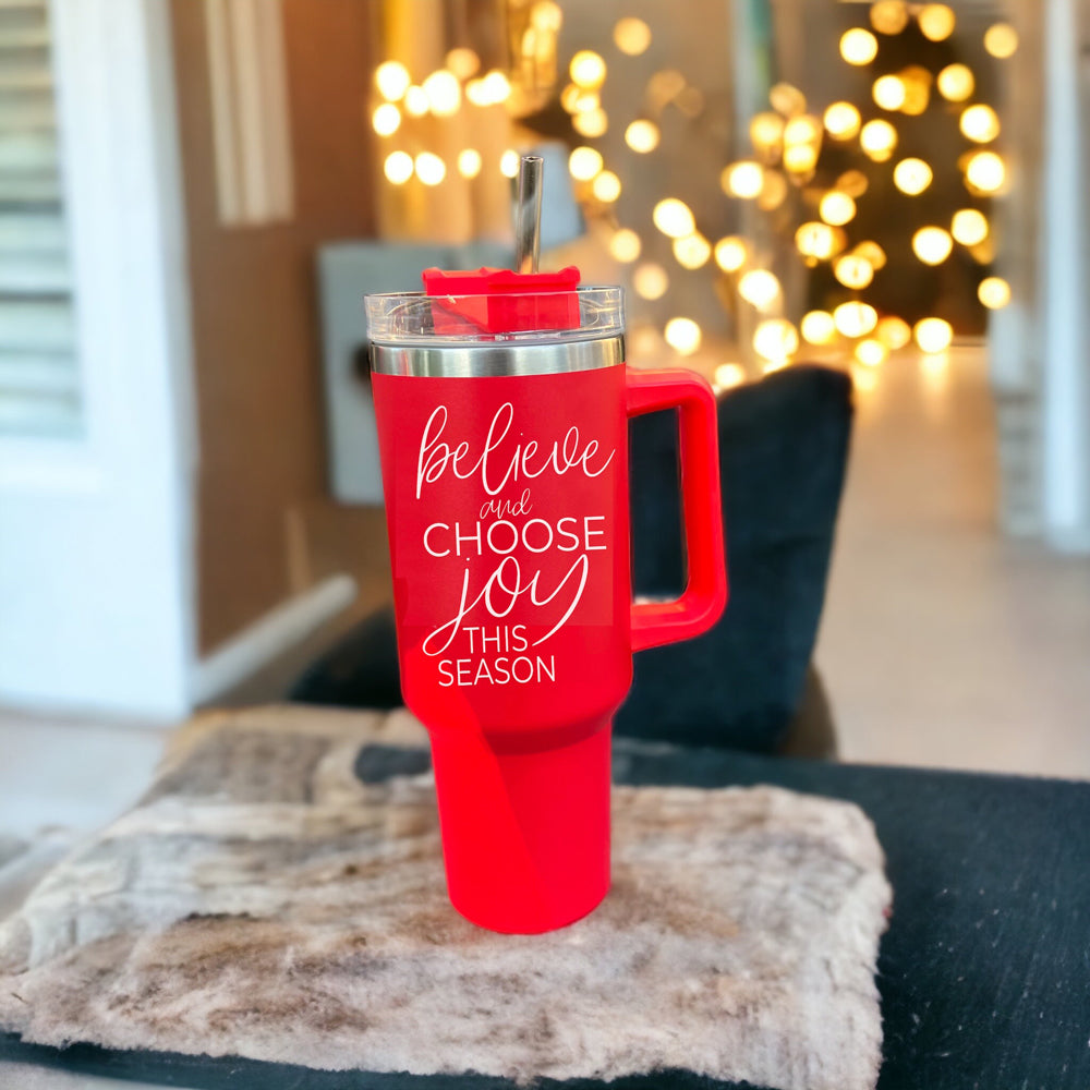 Believe Joy 40oz Insulated Tumbler With Handle Lid Straw Holiday Travel Mug BandsCo Straps