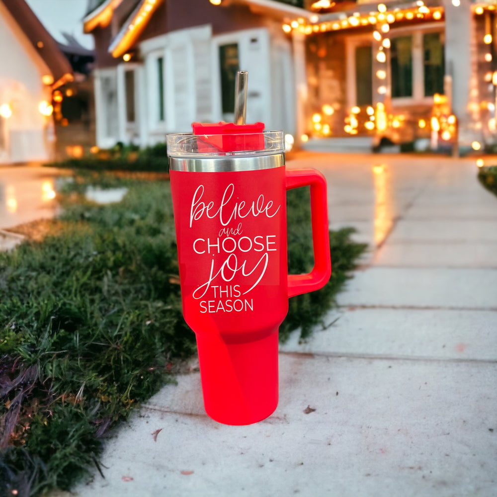 Believe Joy 40oz Insulated Tumbler With Handle Lid Straw Holiday Travel Mug BandsCo Straps