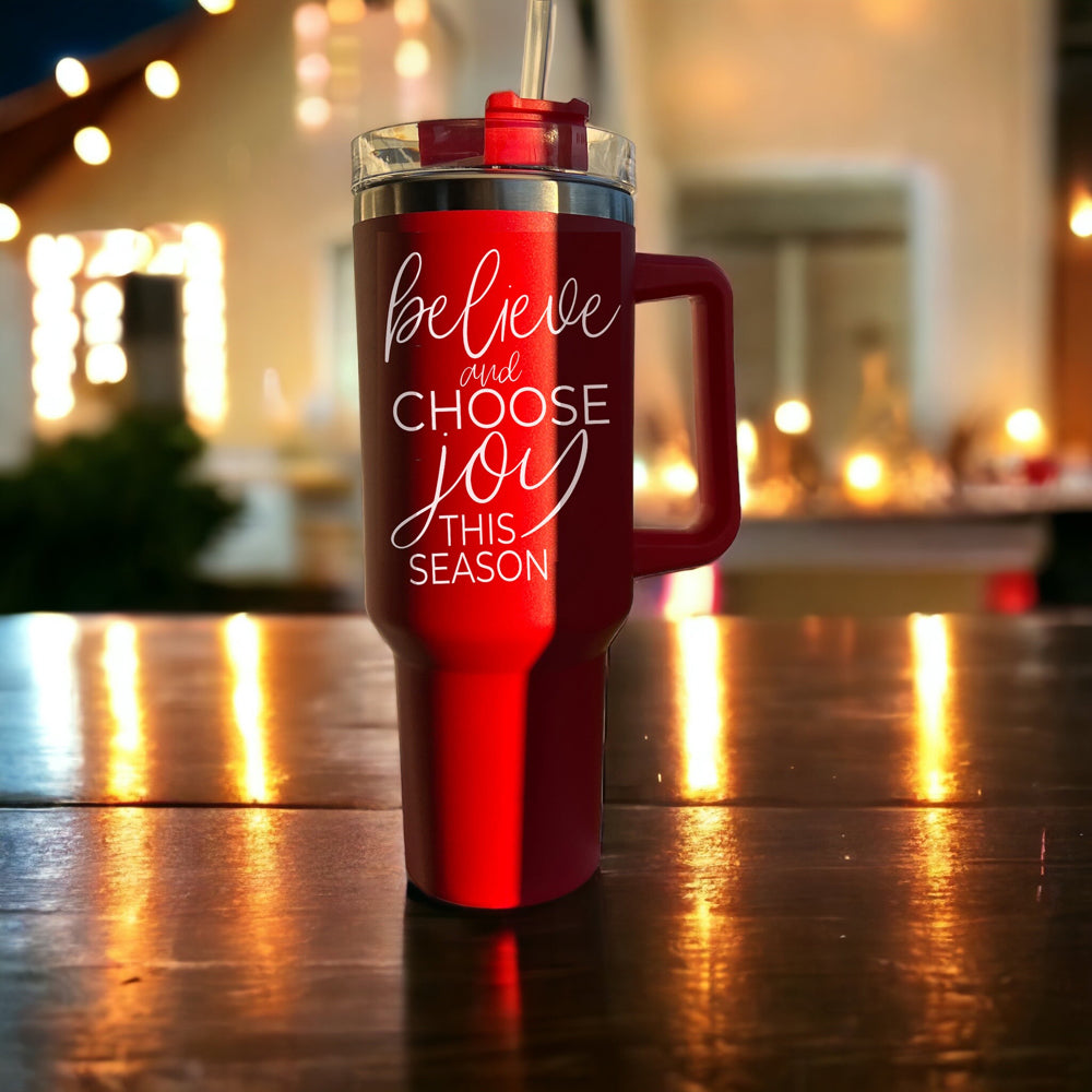 Believe Joy 40oz Insulated Tumbler With Handle Lid Straw Holiday Travel Mug BandsCo Straps