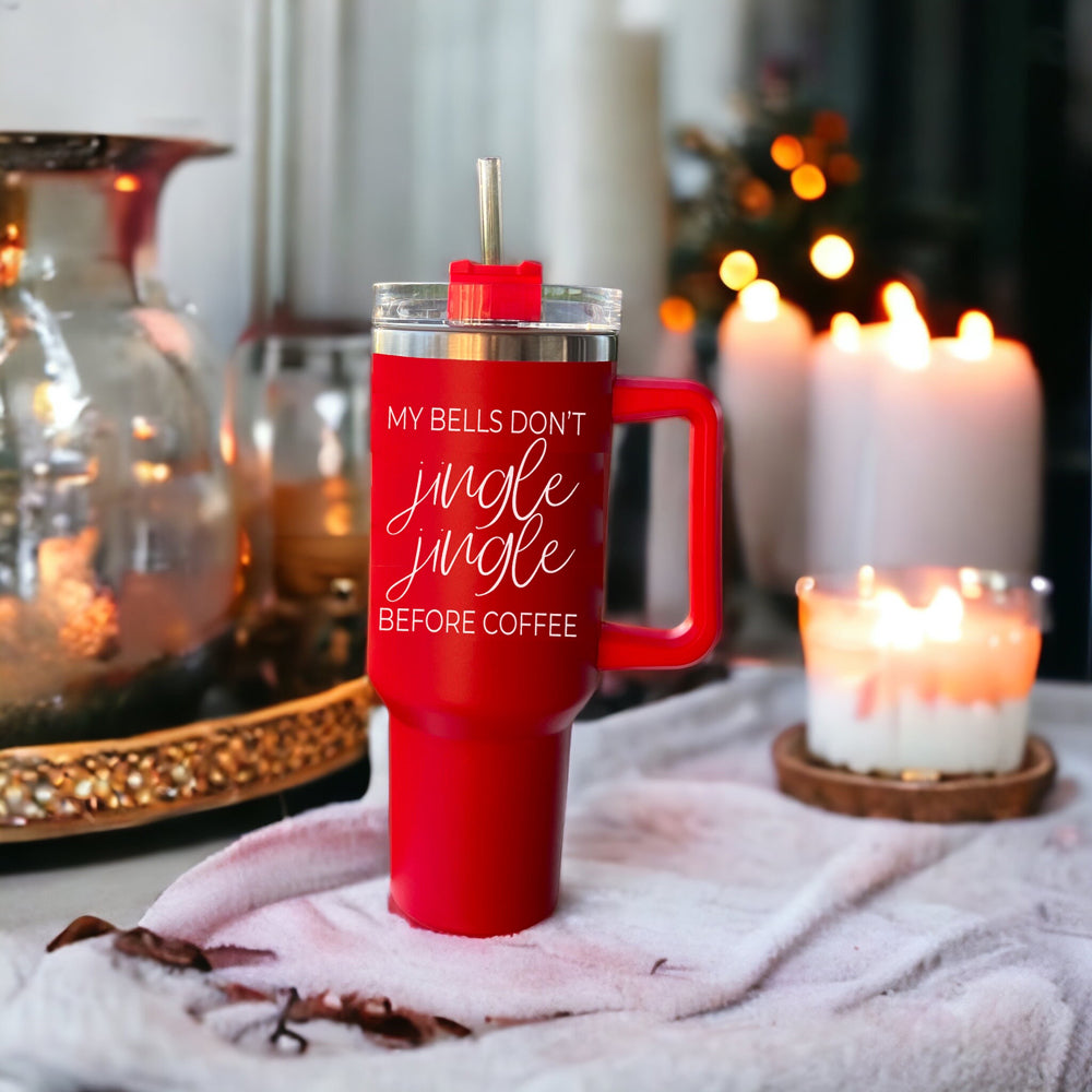 40oz Insulated Coffee Mug With Handle Lid Straw Funny Holiday Jingle Quote BandsCo Straps