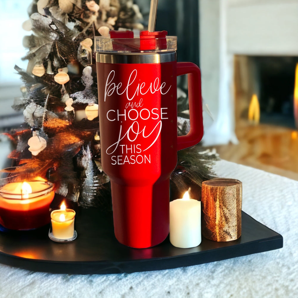 Believe Joy 40oz Insulated Tumbler With Handle Lid Straw Holiday Travel Mug BandsCo Straps