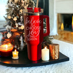 Believe Joy 40oz Insulated Tumbler With Handle Lid Straw Holiday Travel Mug BandsCo Straps