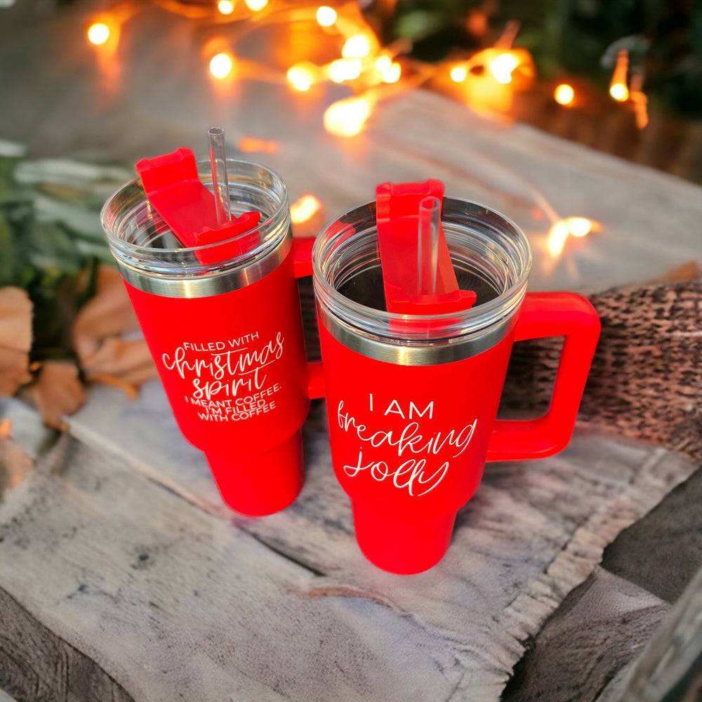 Christmas Coffee Tumbler 40oz Insulated Travel Mug With Handle Lid Straw Red BandsCo Straps