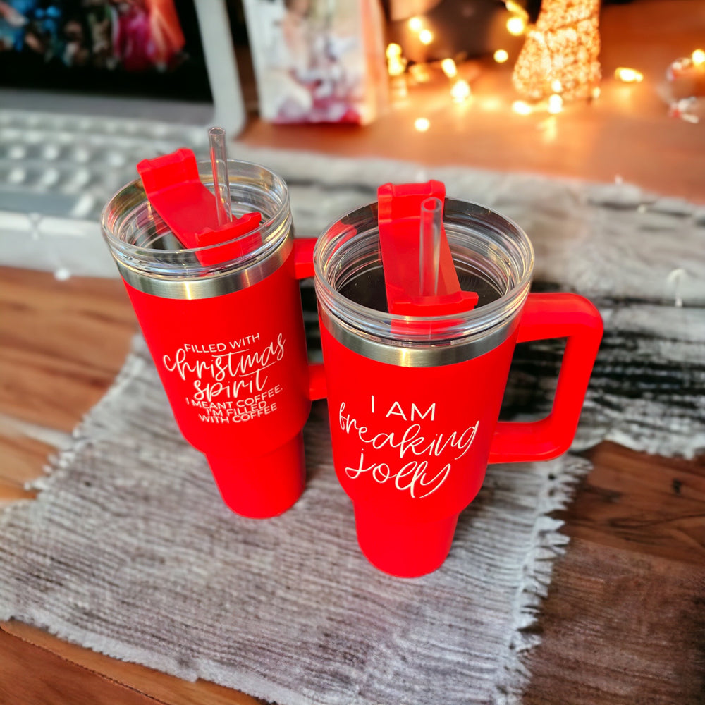Christmas Coffee Tumbler 40oz Insulated Travel Mug With Handle Lid Straw Red BandsCo Straps
