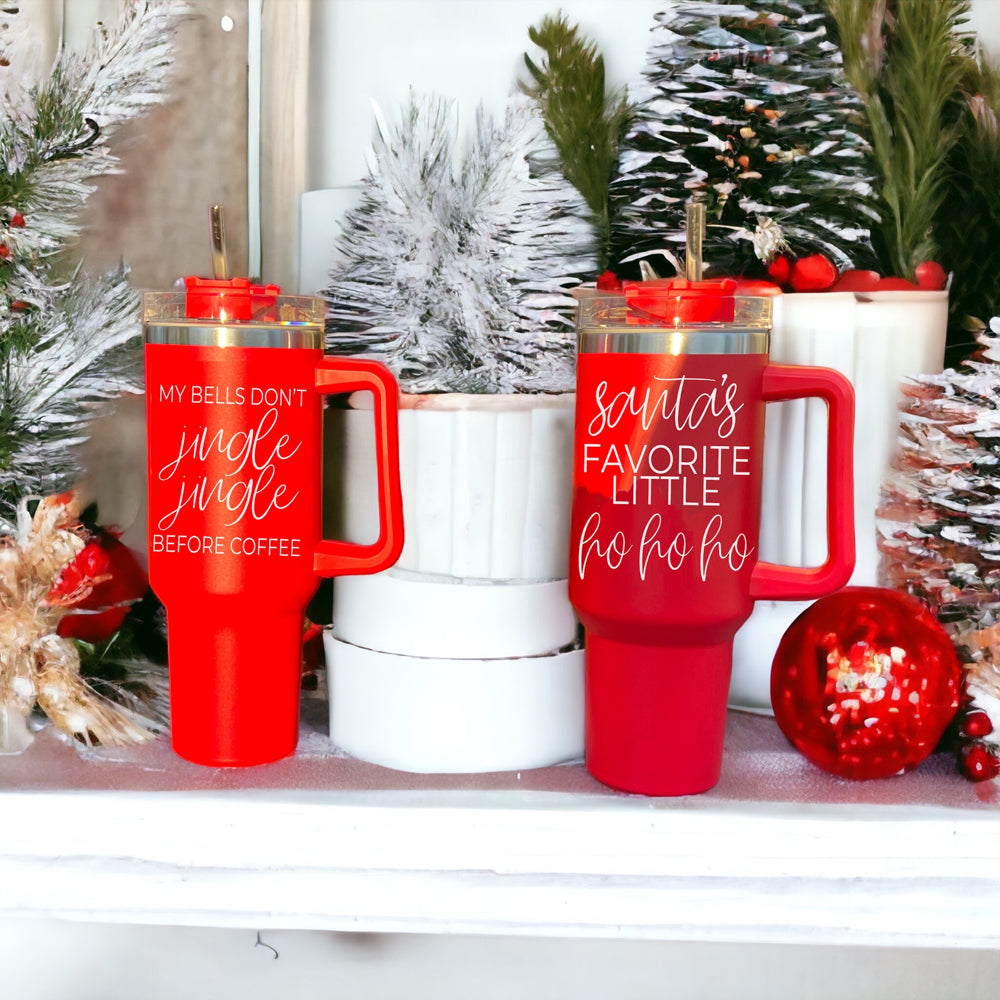 40oz Insulated Coffee Mug With Handle Lid Straw Funny Holiday Jingle Quote BandsCo Straps