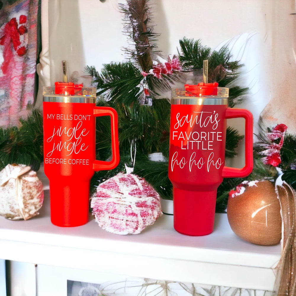 40oz Insulated Coffee Mug With Handle Lid Straw Funny Holiday Jingle Quote BandsCo Straps