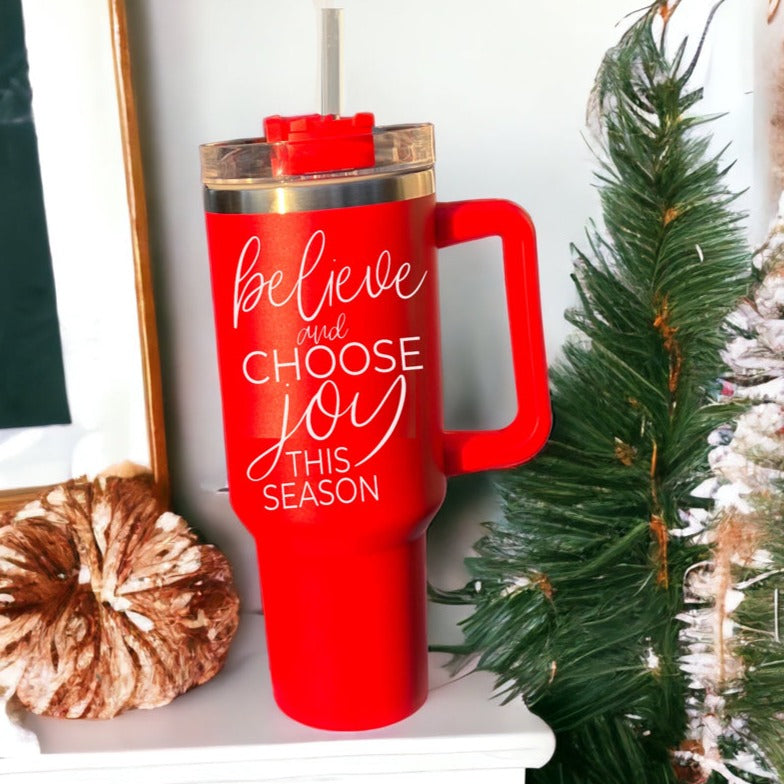 Believe Joy 40oz Insulated Tumbler With Handle Lid Straw Holiday Travel Mug BandsCo Straps