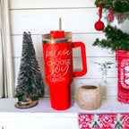 Believe Joy 40oz Insulated Tumbler With Handle Lid Straw Holiday Travel Mug BandsCo Straps