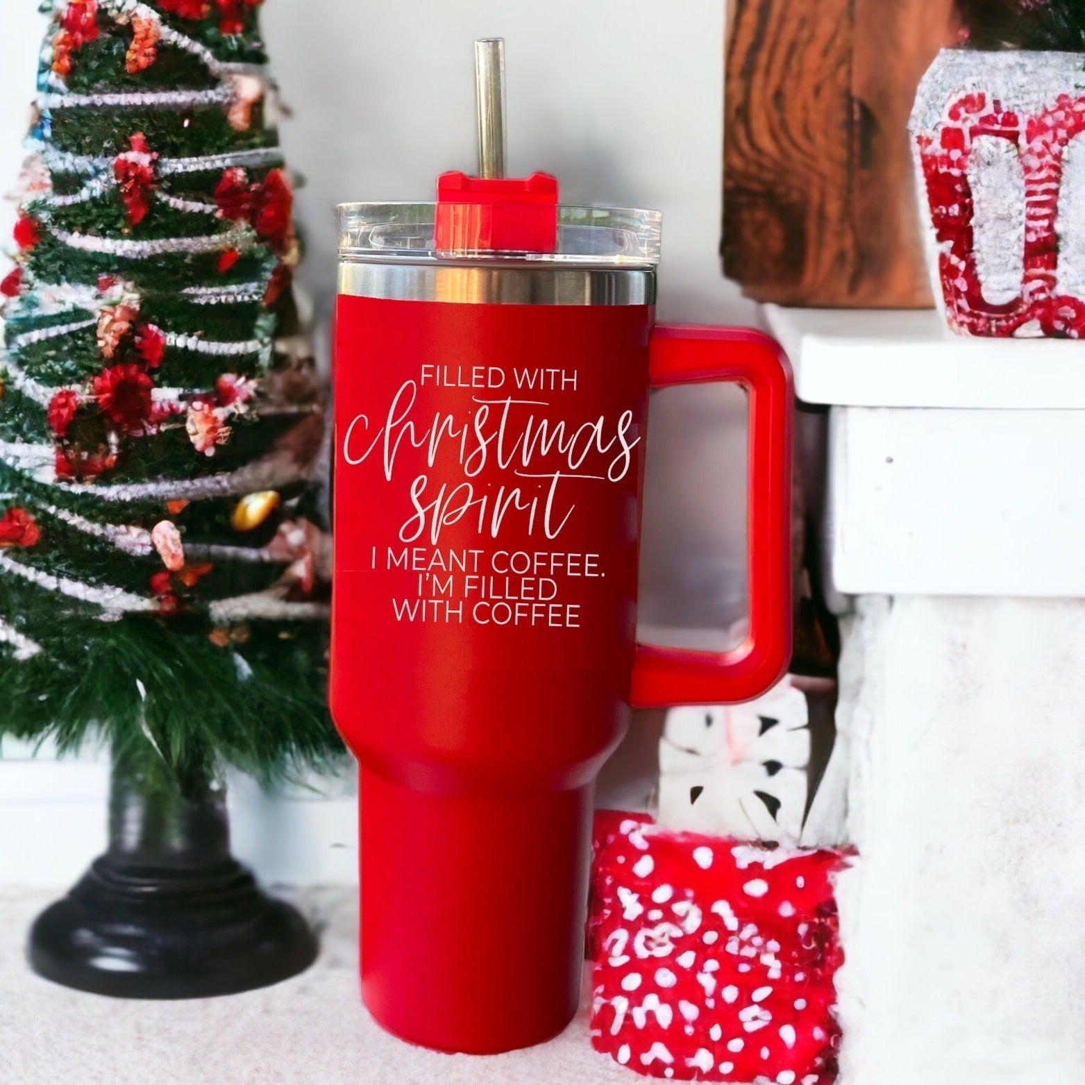 Christmas Coffee Tumbler 40oz Insulated Travel Mug With Handle Lid Straw Red BandsCo Straps