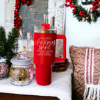 Christmas Coffee Tumbler 40oz Insulated Travel Mug With Handle Lid Straw Red BandsCo Straps
