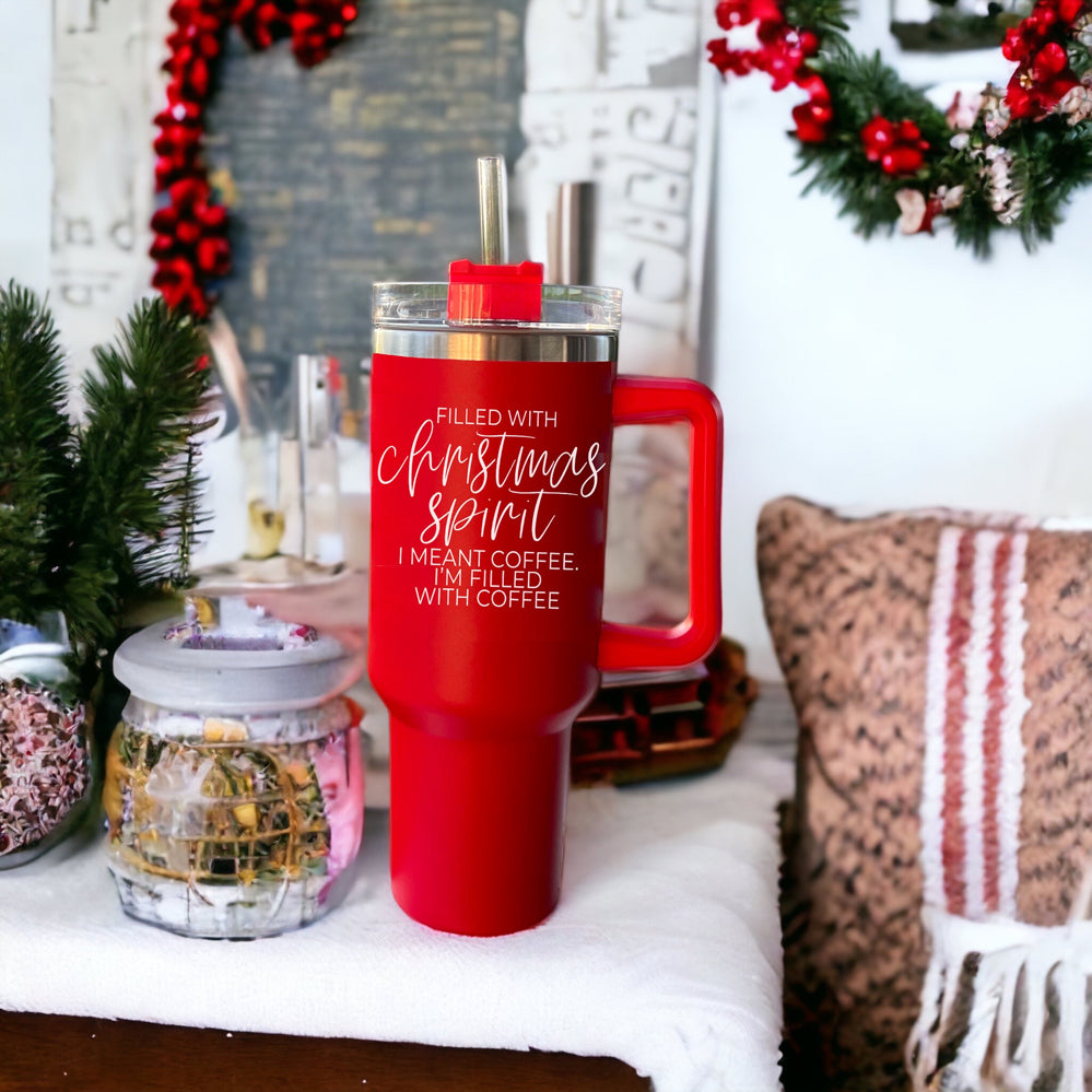 Christmas Coffee Tumbler 40oz Insulated Travel Mug With Handle Lid Straw Red BandsCo Straps