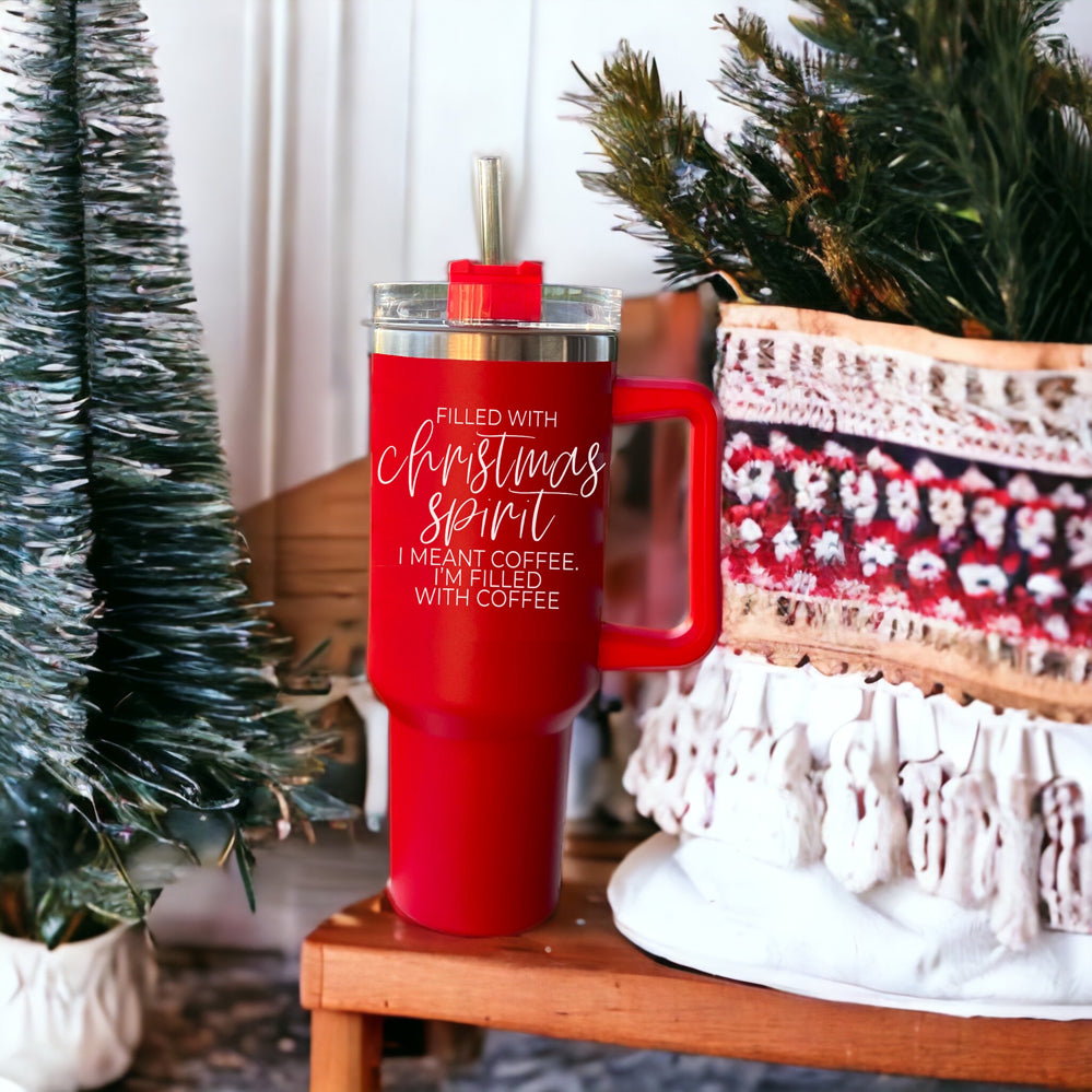 Christmas Coffee Tumbler 40oz Insulated Travel Mug With Handle Lid Straw Red BandsCo Straps