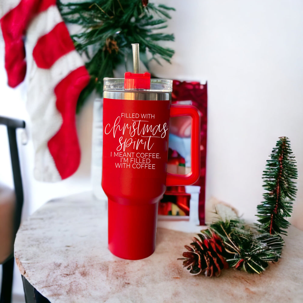 Christmas Coffee Tumbler 40oz Insulated Travel Mug With Handle Lid Straw Red BandsCo Straps