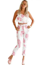 Pink Mottled Print Flounced Crop Top and Pant Set - SJB-DIAMOND ELITES