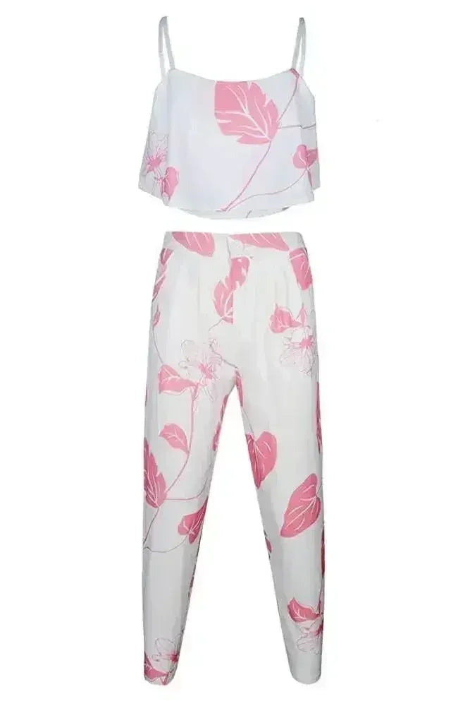 Pink Mottled Print Flounced Crop Top and Pant Set - SJB-DIAMOND ELITES