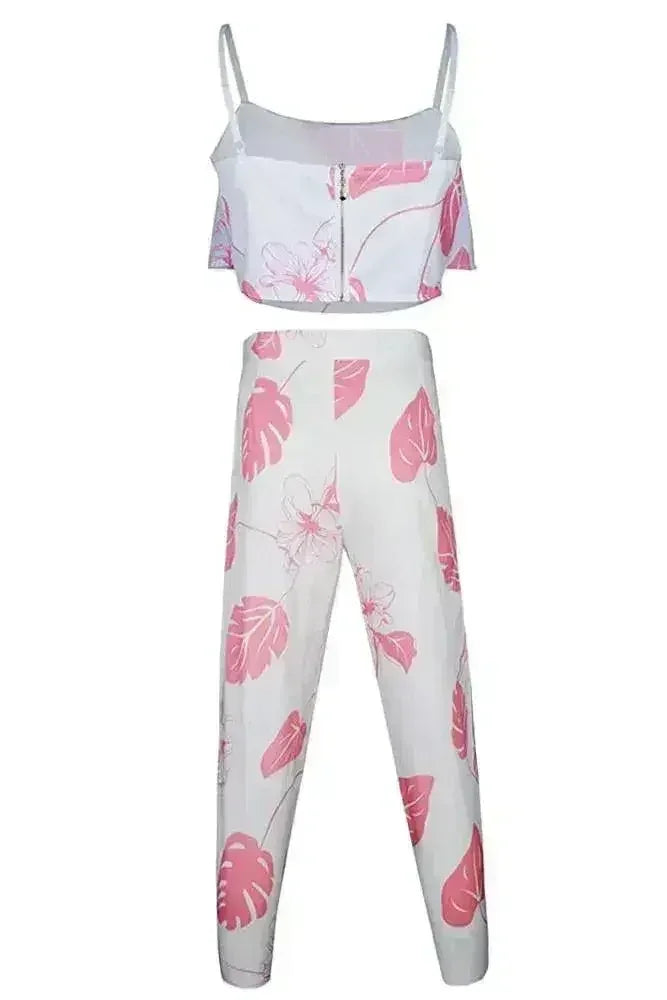 Pink Mottled Print Flounced Crop Top and Pant Set - SJB-DIAMOND ELITES