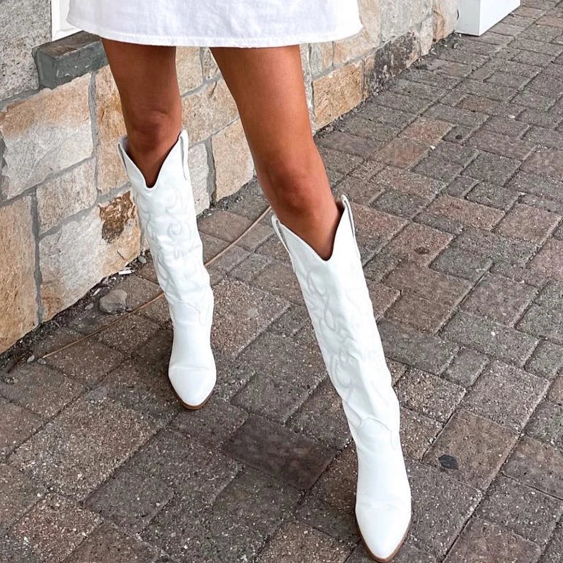 Plus Size 45 Women's Embroidered Western Knee High Boots Cowboy Cowgirl Boots Chunky Heel Platform Boots Women Western Shoes - SJB-DIAMOND ELITES