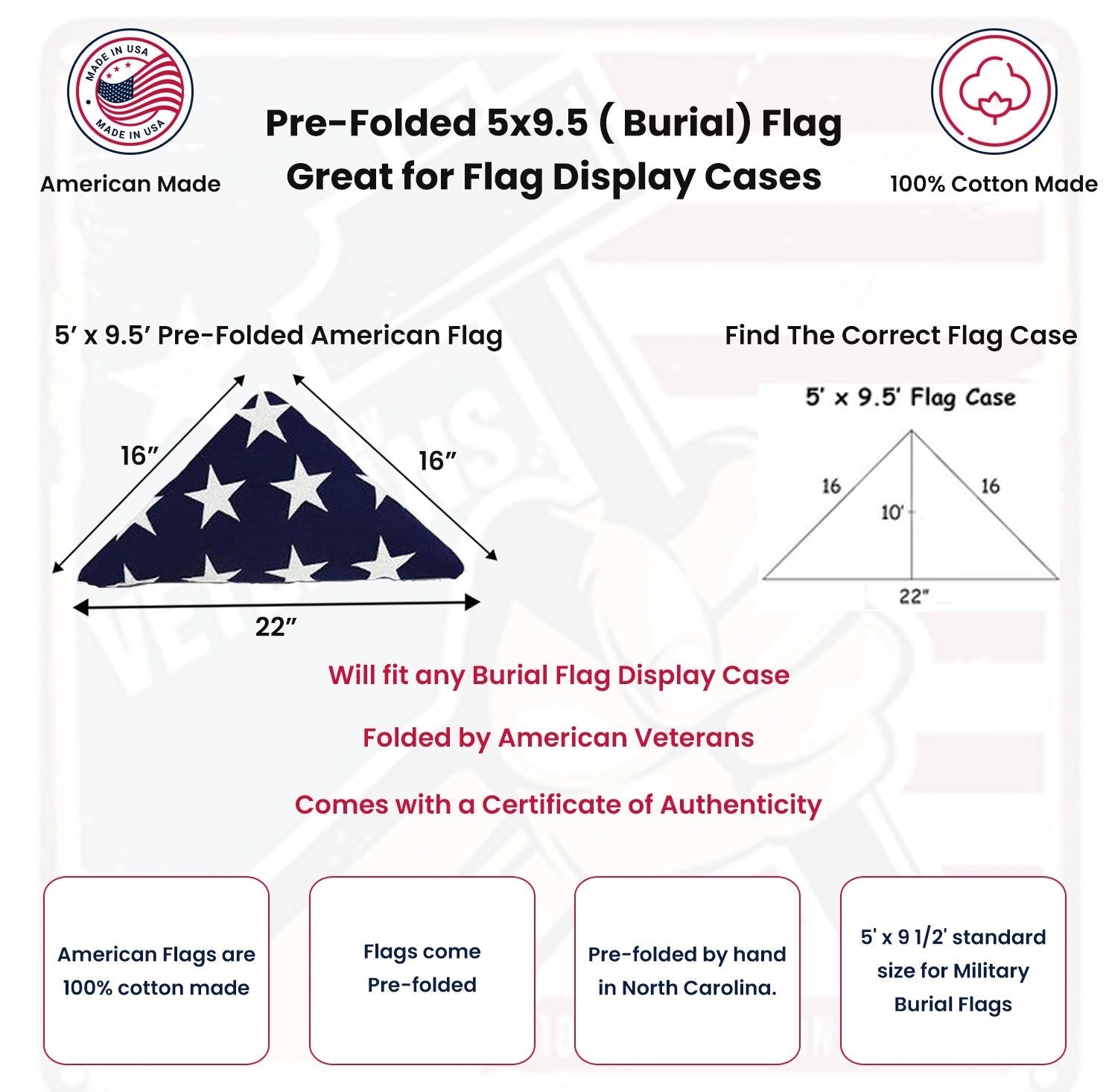 Folded Memorial Flag American US Flag 5x9.5 Foot Heavy Duty Cotton for Veteran The Military Gift Store