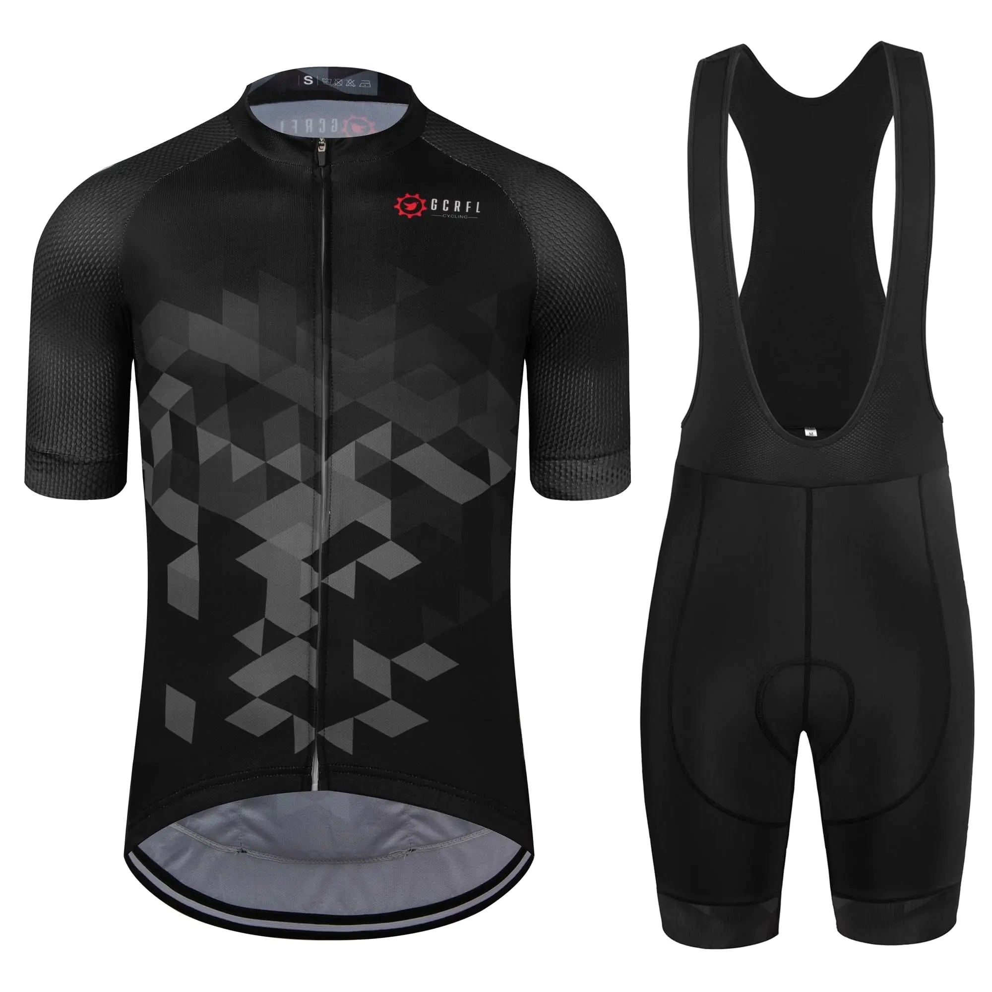 GCRFL Mens Cycling Jersey Set Road Bike Shorts Sleeves Jersey Zipper Pokcet Bib Shorts with Padded Cycling Clothing kit Men (Black 1 XL)