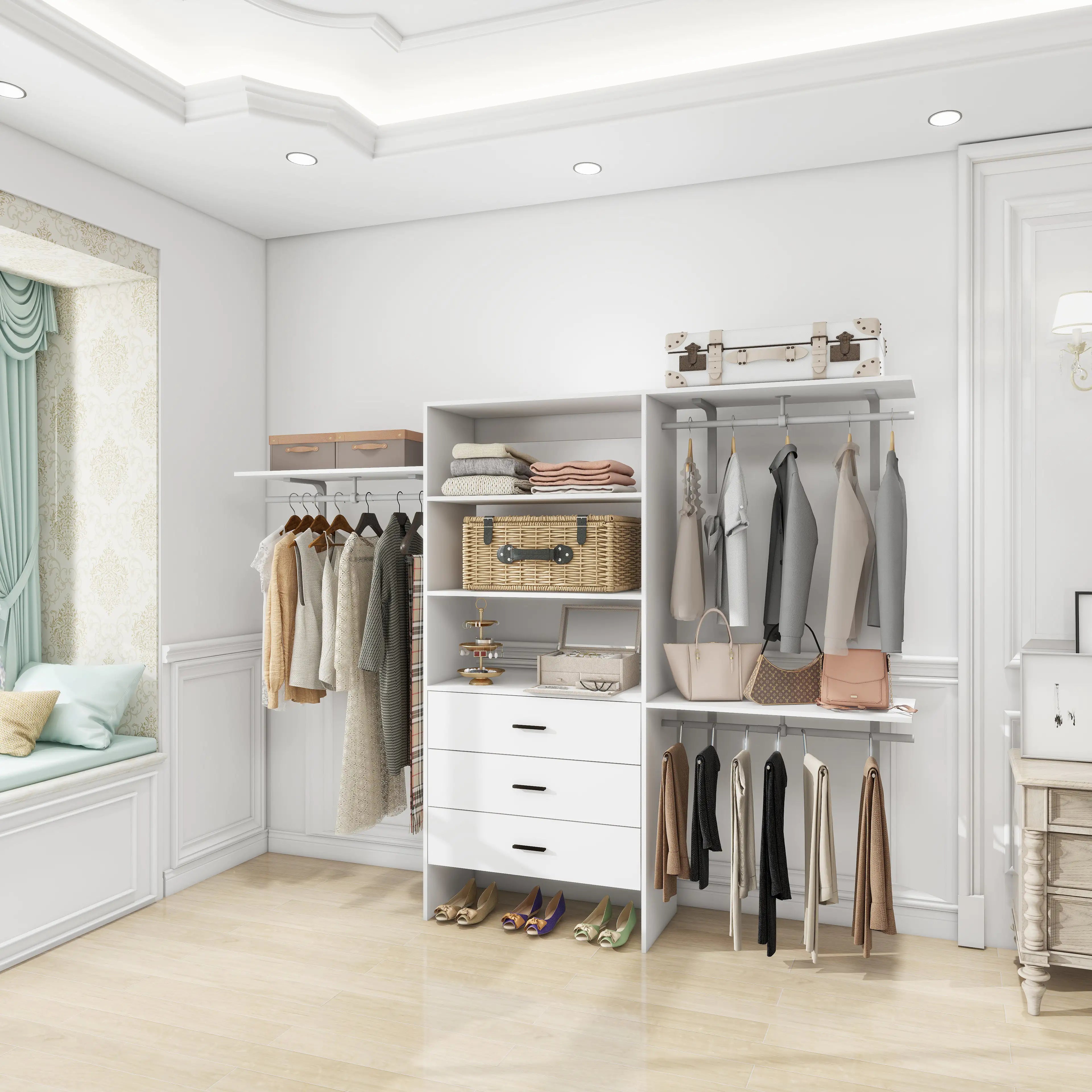 306 Closet Organizer System with Closet Shelves Wall Mounted, White Clothing Racks for Hanging Clothes, Clothes Organizer with Closet Drawers, Wooden Wardrobe Closet System with Hanging Rod Pi-Mart