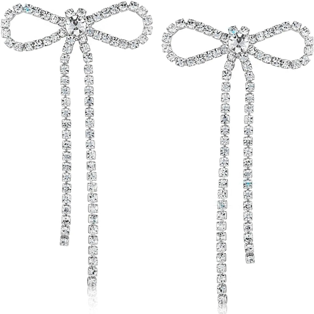 Silver Bow Earrings for Women - Long Silver Earrings for Women Silver Tone Bow Stud Earrings for Women Dangling Earrings for Women Sparkly Dangle Earrings Bow Earrings Silver Statement Earrings