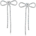 Silver Bow Earrings for Women - Long Silver Earrings for Women Silver Tone Bow Stud Earrings for Women Dangling Earrings for Women Sparkly Dangle Earrings Bow Earrings Silver Statement Earrings
