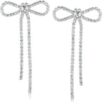 Silver Bow Earrings for Women - Long Silver Earrings for Women Silver Tone Bow Stud Earrings for Women Dangling Earrings for Women Sparkly Dangle Earrings Bow Earrings Silver Statement Earrings