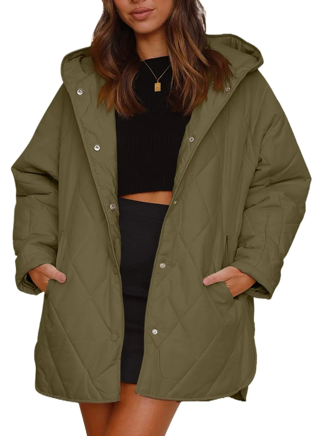 2023 Women's Casual Diamond Quilted Hooded Jacket Pi-Mart