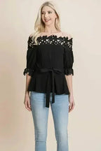 Lace Crochet Self Belted Off The Shoulder Tops with Back Zipper - SJB-DIAMOND ELITES