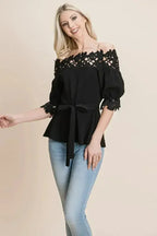 Lace Crochet Self Belted Off The Shoulder Tops with Back Zipper - SJB-DIAMOND ELITES