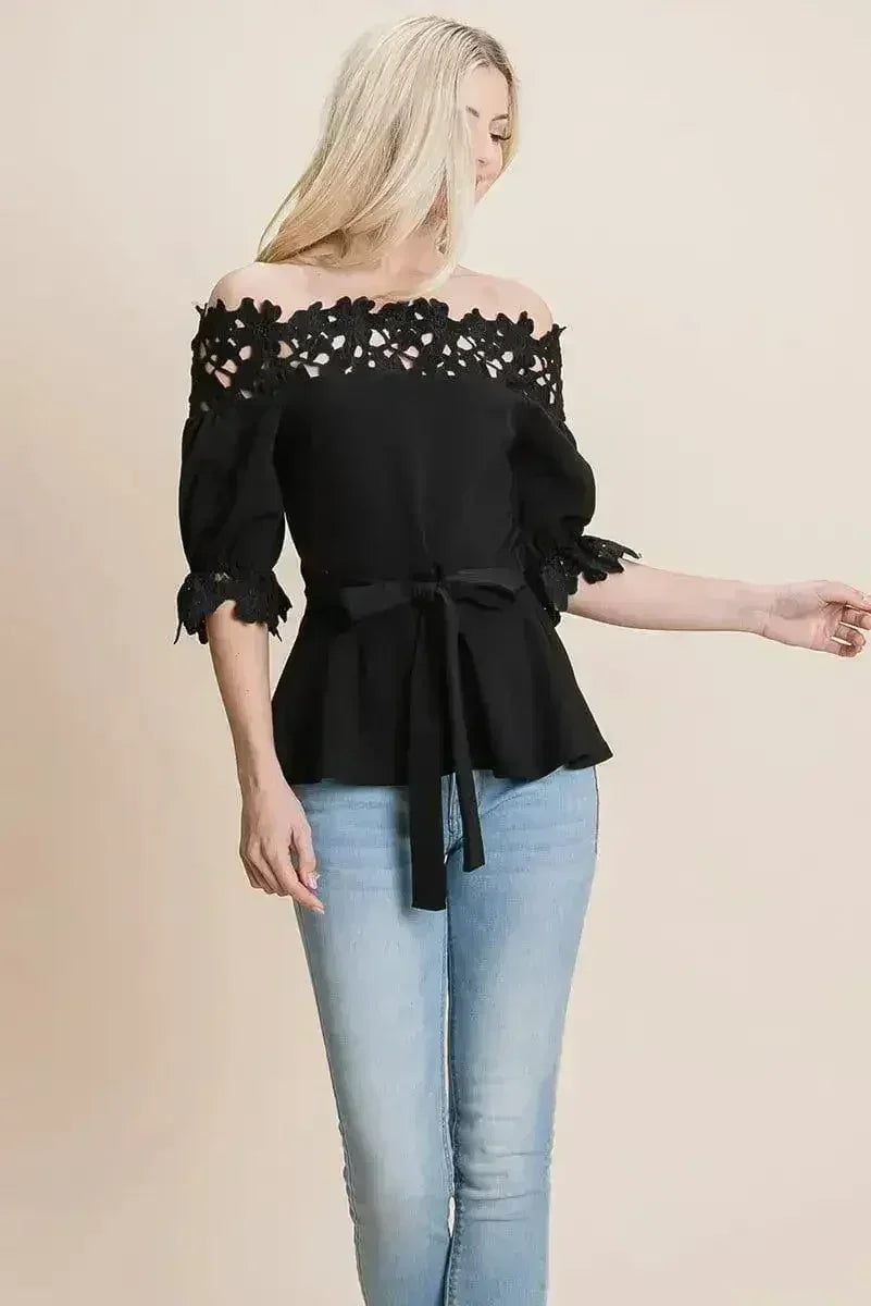 Lace Crochet Self Belted Off The Shoulder Tops with Back Zipper - SJB-DIAMOND ELITES