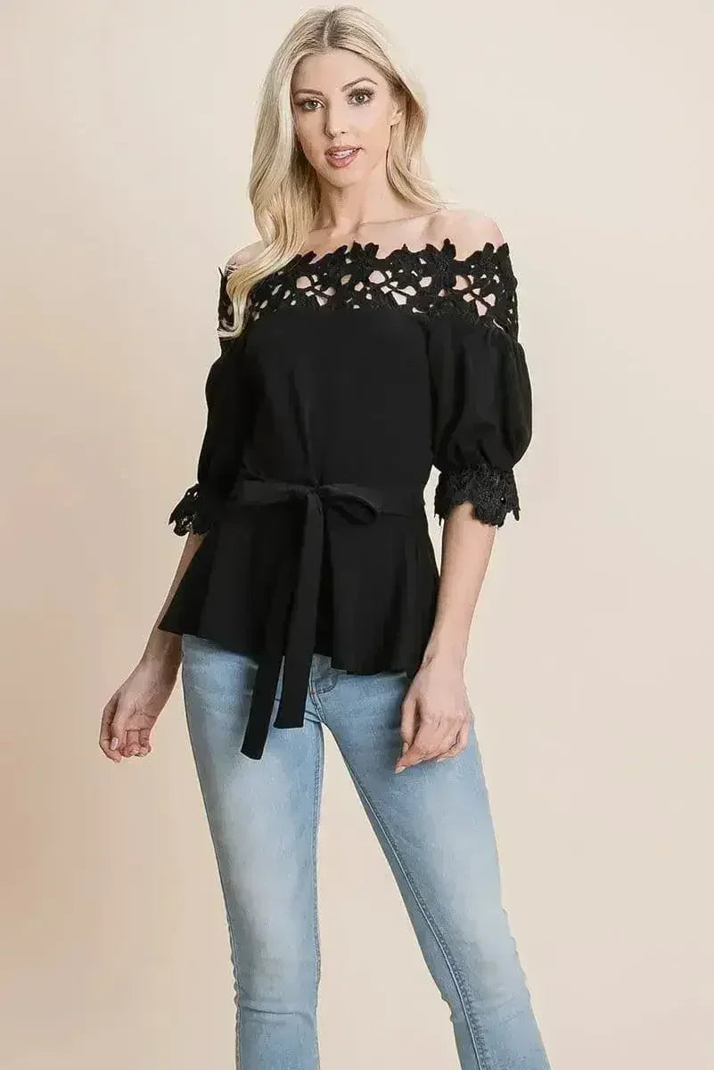 Lace Crochet Self Belted Off The Shoulder Tops with Back Zipper - SJB-DIAMOND ELITES