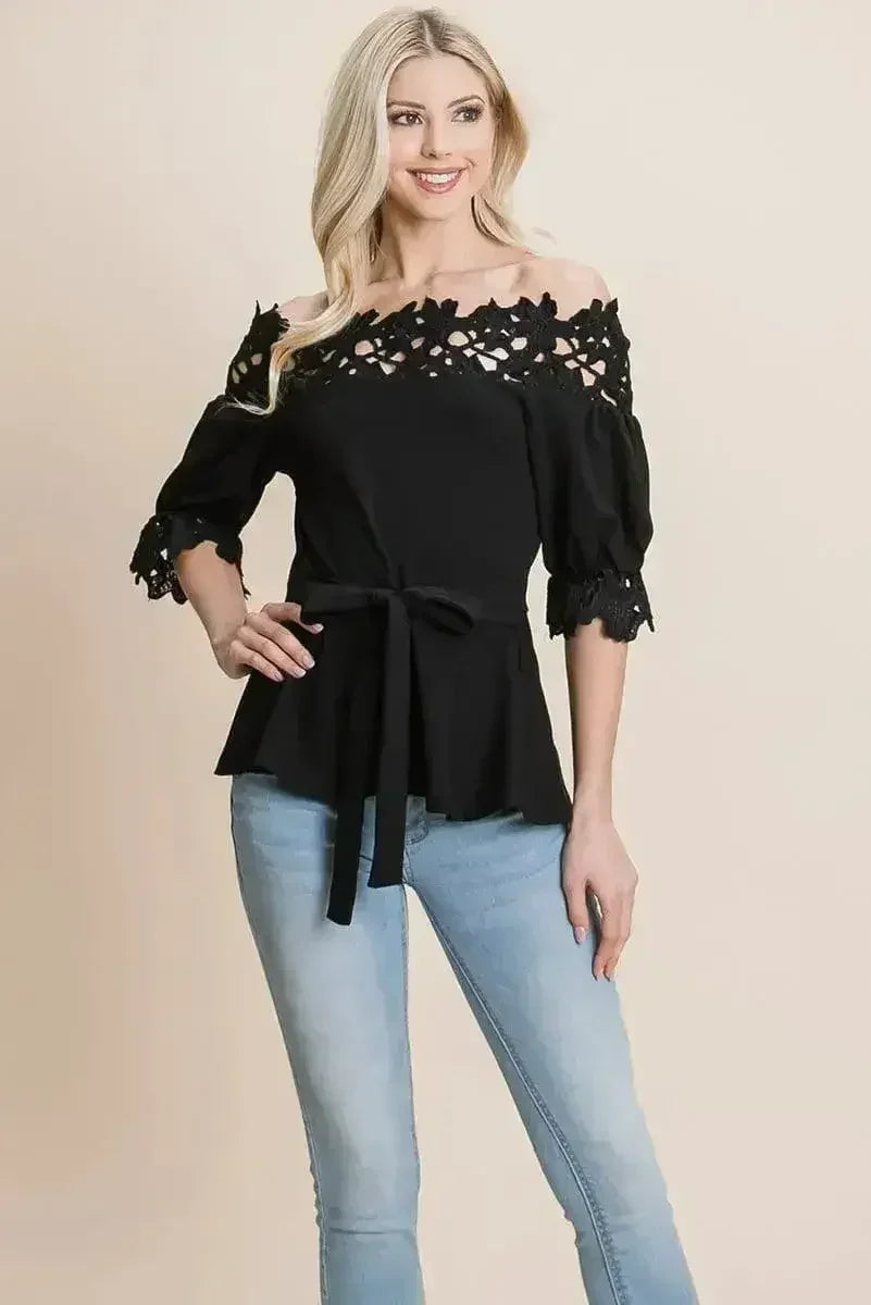 Lace Crochet Self Belted Off The Shoulder Tops with Back Zipper - SJB-DIAMOND ELITES
