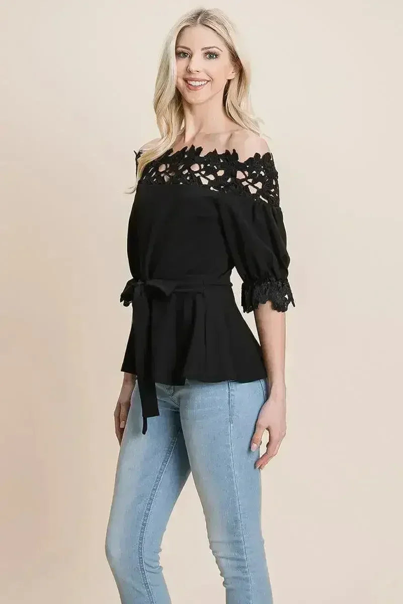 Lace Crochet Self Belted Off The Shoulder Tops with Back Zipper - SJB-DIAMOND ELITES