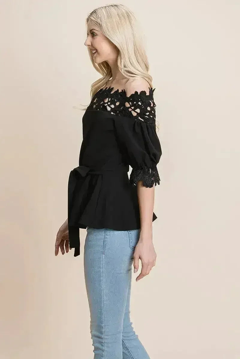 Lace Crochet Self Belted Off The Shoulder Tops with Back Zipper - SJB-DIAMOND ELITES