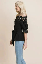 Lace Crochet Self Belted Off The Shoulder Tops with Back Zipper - SJB-DIAMOND ELITES