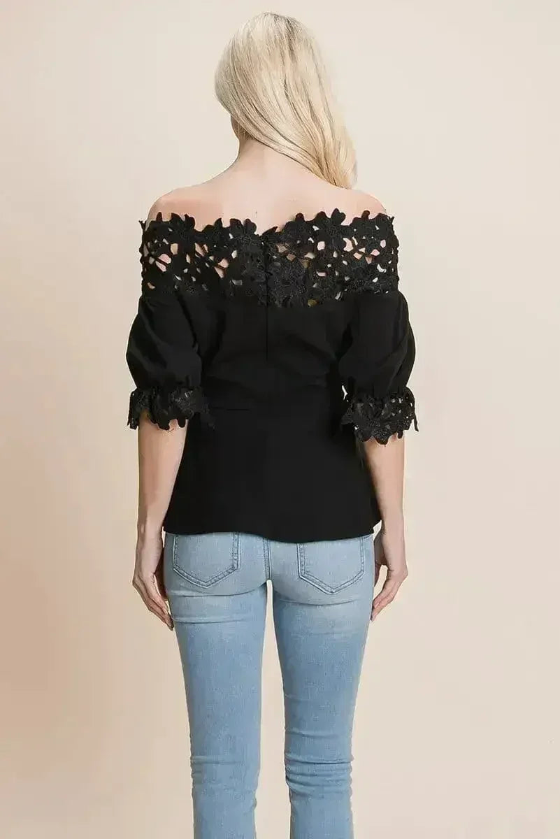 Lace Crochet Self Belted Off The Shoulder Tops with Back Zipper - SJB-DIAMOND ELITES