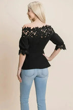 Lace Crochet Self Belted Off The Shoulder Tops with Back Zipper - SJB-DIAMOND ELITES