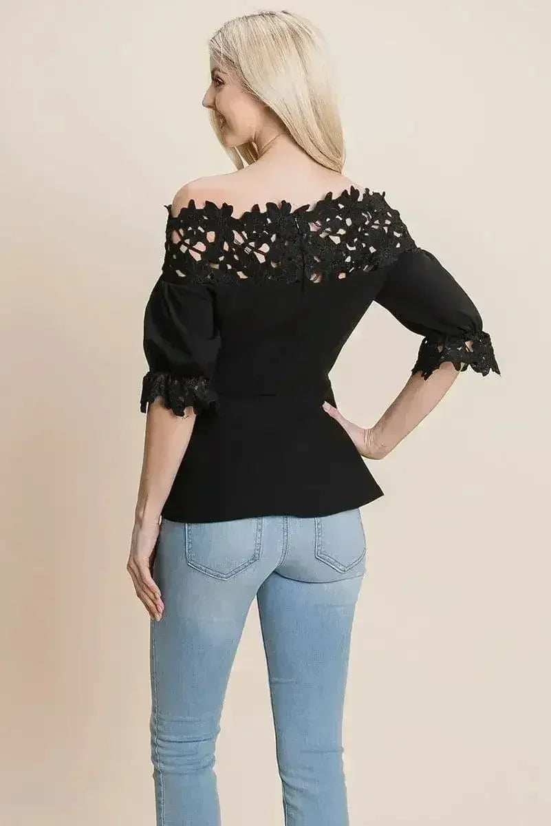 Lace Crochet Self Belted Off The Shoulder Tops with Back Zipper - SJB-DIAMOND ELITES